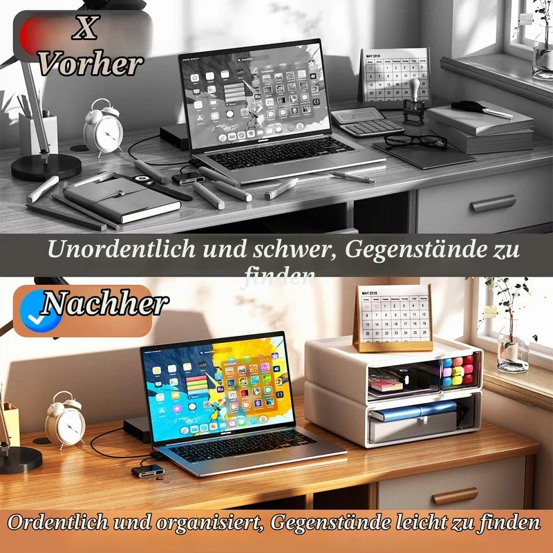 Schreibtisch Organisator Schubladen, Stapelbare Schreibtisch Aufbewahrungsbox mit 3 Schubladen, Weiße Aufbewahrungseinheit Schminke Schublade für Schreibwaren Zuhause Schule (2 flache Lagen)