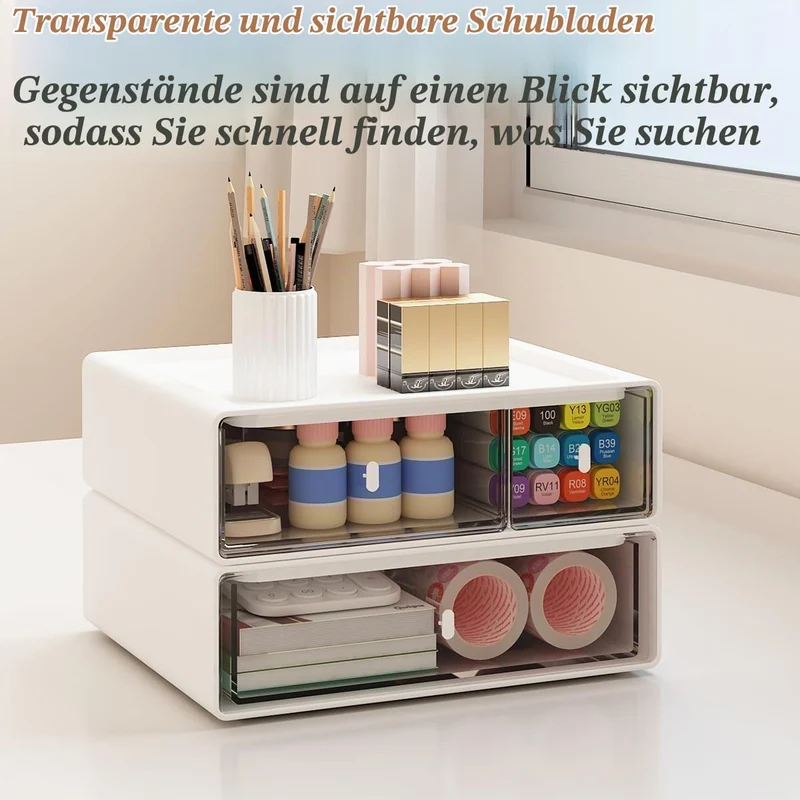 Schreibtisch Organisator Schubladen, Stapelbare Schreibtisch Aufbewahrungsbox mit 3 Schubladen, Weiße Aufbewahrungseinheit Schminke Schublade für Schreibwaren Zuhause Schule (2 flache Lagen)