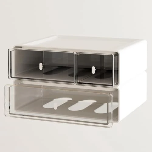 Schreibtisch Organisator Schubladen, Stapelbare Schreibtisch Aufbewahrungsbox mit 3 Schubladen, Weiße Aufbewahrungseinheit Schminke Schublade für Schreibwaren Zuhause Schule (2 flache Lagen)
