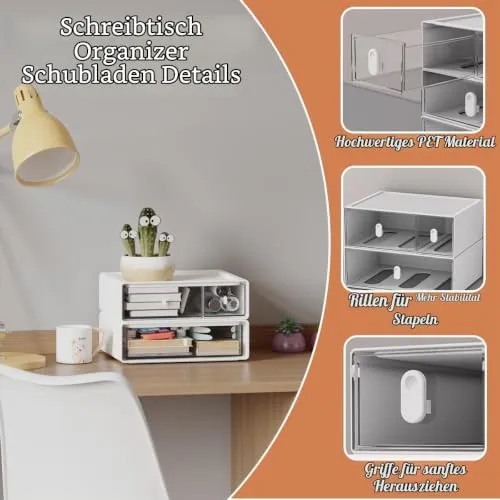Schreibtisch Organisator Schubladen, Stapelbare Schreibtisch Aufbewahrungsbox mit 3 Schubladen, Weiße Aufbewahrungseinheit Schminke Schublade für Schreibwaren Zuhause Schule (2 flache Lagen)