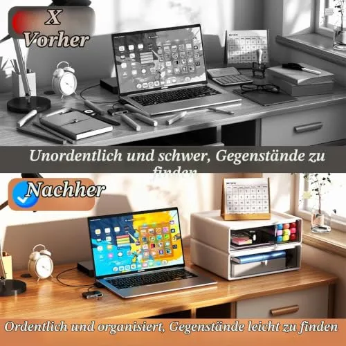 Schreibtisch Organisator Schubladen, Stapelbare Schreibtisch Aufbewahrungsbox mit 3 Schubladen, Weiße Aufbewahrungseinheit Schminke Schublade für Schreibwaren Zuhause Schule (2 flache Lagen)