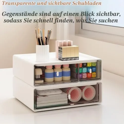 Schreibtisch Organisator Schubladen, Stapelbare Schreibtisch Aufbewahrungsbox mit 3 Schubladen, Weiße Aufbewahrungseinheit Schminke Schublade für Schreibwaren Zuhause Schule (2 flache Lagen)