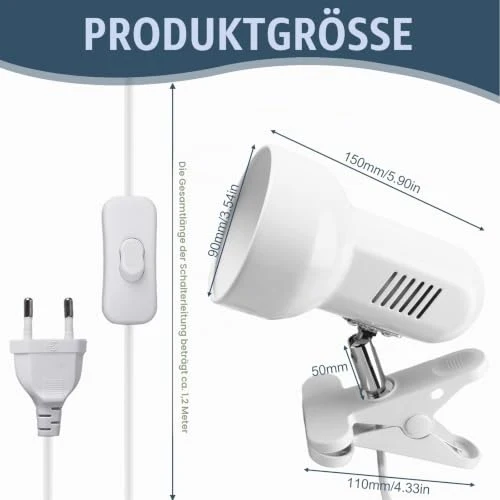 Klemmleuchte Verstellbar: E27 Fassung Keramiklampensockel Schreibtischlampe, Weiß Klemmlampe mit Stecker und Schalter, Nachttischlampe, für Lesen, Arbeiten und Lernen (Ohne Birne)