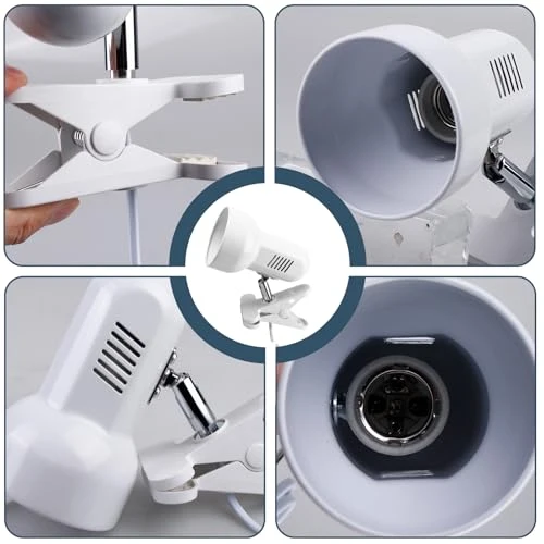 Klemmleuchte Verstellbar: E27 Fassung Keramiklampensockel Schreibtischlampe, Weiß Klemmlampe mit Stecker und Schalter, Nachttischlampe, für Lesen, Arbeiten und Lernen (Ohne Birne)