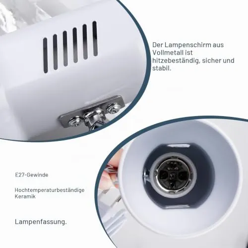 Klemmleuchte Verstellbar: E27 Fassung Keramiklampensockel Schreibtischlampe, Weiß Klemmlampe mit Stecker und Schalter, Nachttischlampe, für Lesen, Arbeiten und Lernen (Ohne Birne)