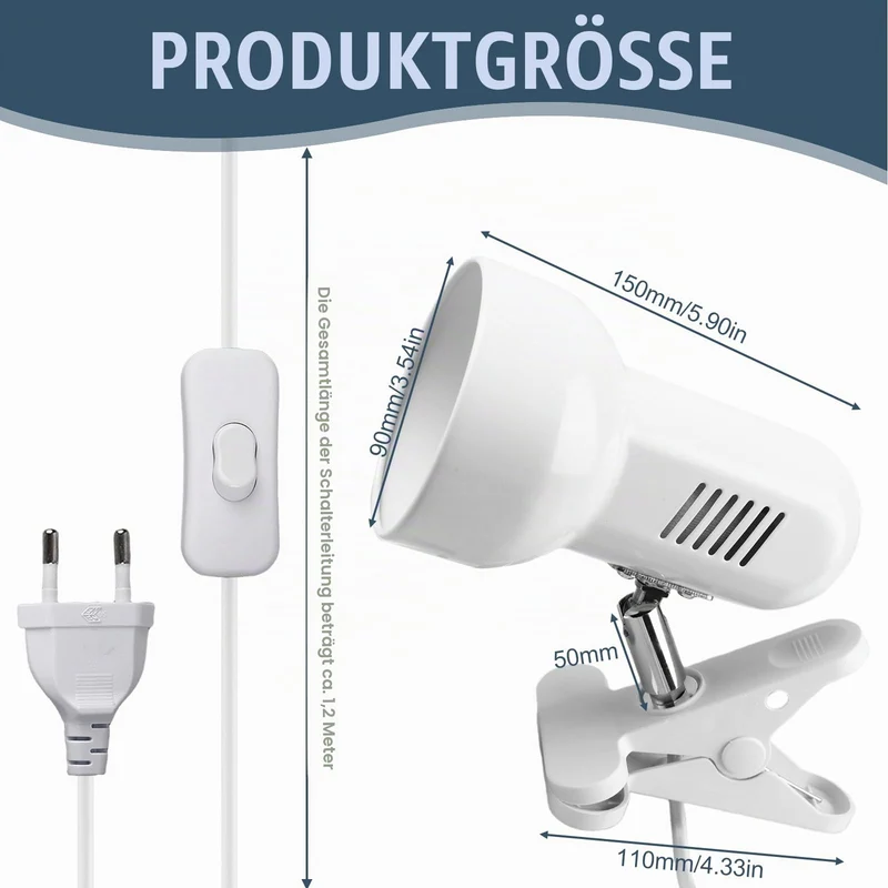 Klemmleuchte Verstellbar: E27 Fassung Keramiklampensockel Schreibtischlampe, Weiß Klemmlampe mit Stecker und Schalter, Nachttischlampe, für Lesen, Arbeiten und Lernen (Ohne Birne)