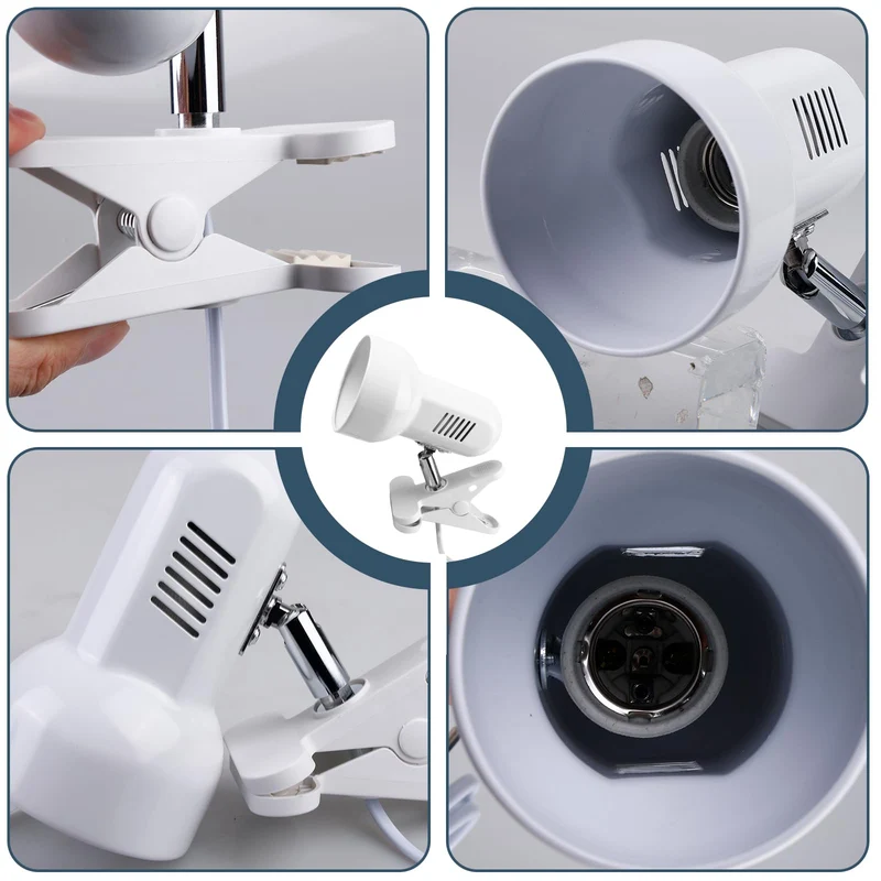 Klemmleuchte Verstellbar: E27 Fassung Keramiklampensockel Schreibtischlampe, Weiß Klemmlampe mit Stecker und Schalter, Nachttischlampe, für Lesen, Arbeiten und Lernen (Ohne Birne)