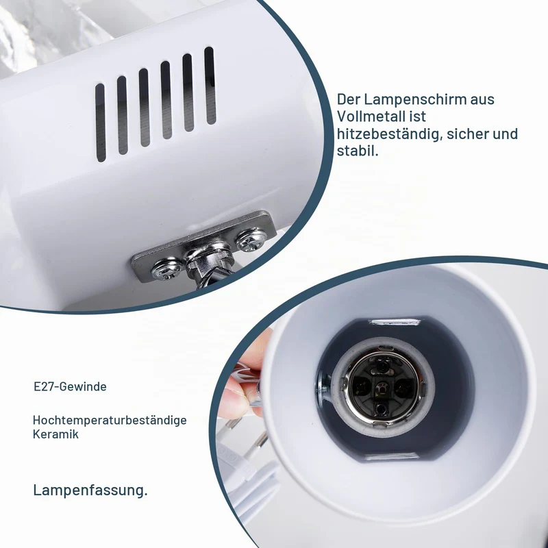 Klemmleuchte Verstellbar: E27 Fassung Keramiklampensockel Schreibtischlampe, Weiß Klemmlampe mit Stecker und Schalter, Nachttischlampe, für Lesen, Arbeiten und Lernen (Ohne Birne)