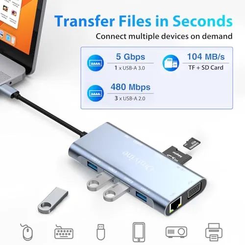 11-In-1 USB C Hub mit PD 100W, 4K HDMI, VGA, Ethernet, 1 X USB 3.0, 3 X USB 2.0, SD/TF Kartenleser, 3.5 mm Aux Ports für iPhone 17/16/15, MacBook, iPad, Samsung, Mac, Surface, Dell, Laptop, PS4, TV