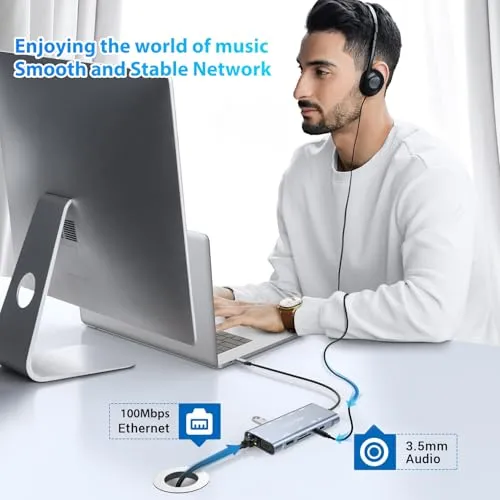 11-In-1 USB C Hub mit PD 100W, 4K HDMI, VGA, Ethernet, 1 X USB 3.0, 3 X USB 2.0, SD/TF Kartenleser, 3.5 mm Aux Ports für iPhone 17/16/15, MacBook, iPad, Samsung, Mac, Surface, Dell, Laptop, PS4, TV