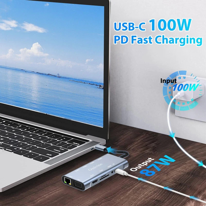 11-In-1 USB C Hub mit PD 100W, 4K HDMI, VGA, Ethernet, 1 X USB 3.0, 3 X USB 2.0, SD/TF Kartenleser, 3.5 mm Aux Ports für iPhone 17/16/15, MacBook, iPad, Samsung, Mac, Surface, Dell, Laptop, PS4, TV