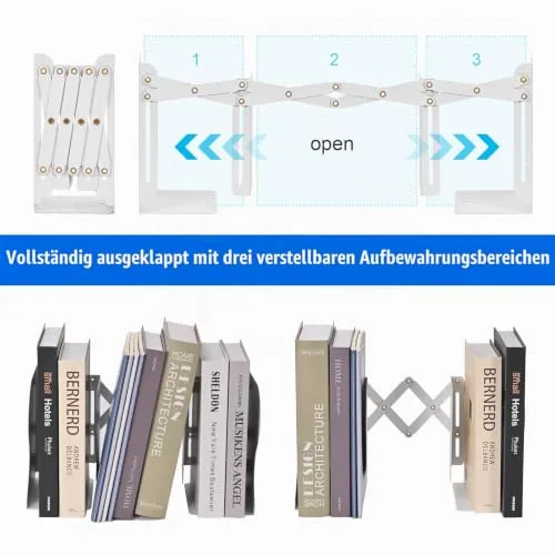 Buchstützen für Regale, verstellbares und erweiterbares Bücherregal, rutschfeste robuste Buchstütze für Zuhause, Zeitschriftenhalter Bücherregal für Schule, Buchhalter