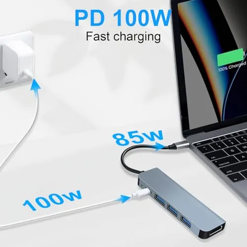 USB C Hub PD100W,4K HDMI, 3*USB A Datenports USB-C Hub Docking Station USBC Adapter Multiportadapter für MacBook Pro/Air, iPad Pro/Air, iPhone 16 Serie, Galaxy S24,Steam Deck usw.