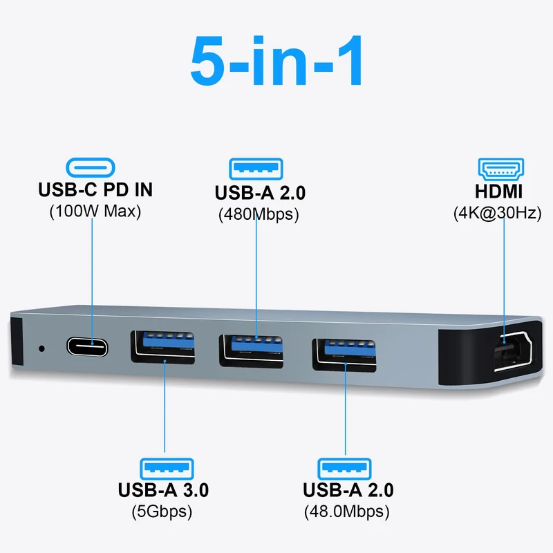 USB C Hub PD100W,4K HDMI, 3*USB A Datenports USB-C Hub Docking Station USBC Adapter Multiportadapter für MacBook Pro/Air, iPad Pro/Air, iPhone 16 Serie, Galaxy S24,Steam Deck usw.