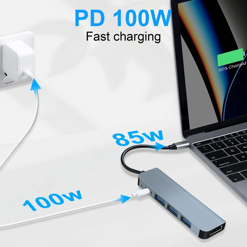 USB C Hub PD100W,4K HDMI, 3*USB A Datenports USB-C Hub Docking Station USBC Adapter Multiportadapter für MacBook Pro/Air, iPad Pro/Air, iPhone 16 Serie, Galaxy S24,Steam Deck usw.