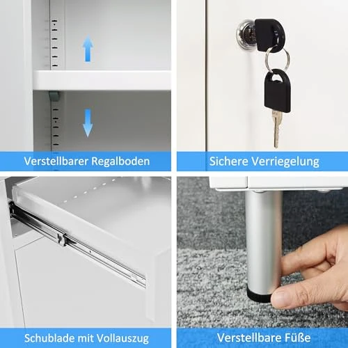 JINGUR Metallschrank mit 2 abschließbaren Schubladen und Türen, Weiß