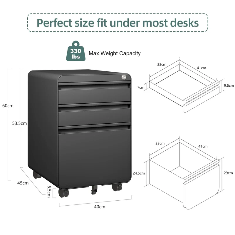 Dripex Metall Rollcontainer Stahl Rollcontainer mit 3 Schubladen und Hängeregistratur Abschließbarer Büroschrank Bürocontainer 5 Räder Aktenschrank 40 x 45 x 60 cm