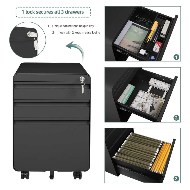 Dripex Metall Rollcontainer Stahl Rollcontainer mit 3 Schubladen und Hängeregistratur Abschließbarer Büroschrank Bürocontainer 5 Räder Aktenschrank 40 x 45 x 60 cm