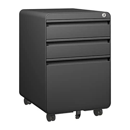 Dripex Metall Rollcontainer Stahl Rollcontainer mit 3 Schubladen und Hängeregistratur Abschließbarer Büroschrank Bürocontainer 5 Räder Aktenschrank 40 x 45 x 60 cm