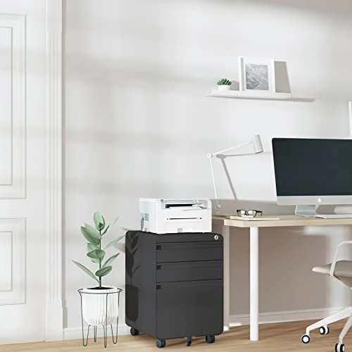 Dripex Metall Rollcontainer Stahl Rollcontainer mit 3 Schubladen und Hängeregistratur Abschließbarer Büroschrank Bürocontainer 5 Räder Aktenschrank 40 x 45 x 60 cm