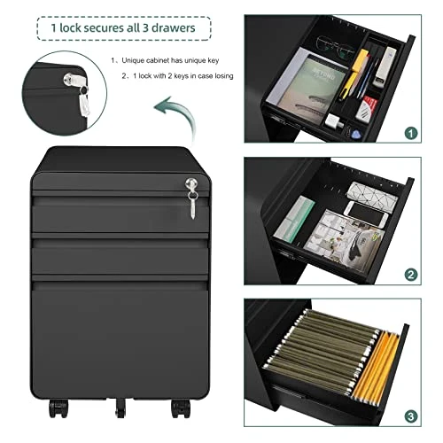 Dripex Metall Rollcontainer Stahl Rollcontainer mit 3 Schubladen und Hängeregistratur Abschließbarer Büroschrank Bürocontainer 5 Räder Aktenschrank 40 x 45 x 60 cm