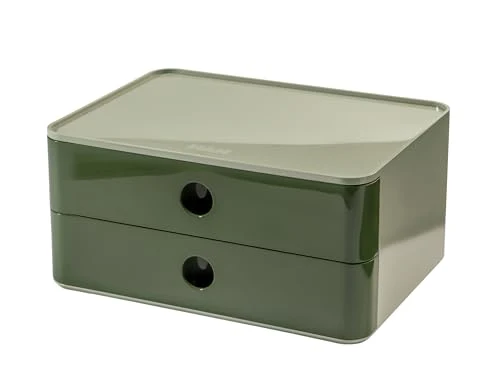 HAN Schubladenbox Allison SMART-BOX mit 2 Schubladen und Trennwand, Kabelführung, stapelbar, Utensilienbox für Büro, Schreibtisch Küche, möbelschonende Gummifüße, 1120-40, hochglänzed grün