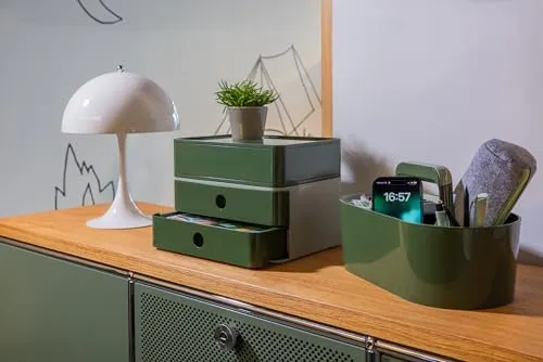 HAN Schubladenbox Allison SMART-BOX mit 2 Schubladen und Trennwand, Kabelführung, stapelbar, Utensilienbox für Büro, Schreibtisch Küche, möbelschonende Gummifüße, 1120-40, hochglänzed grün