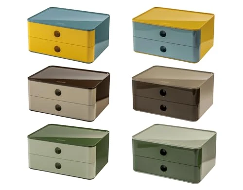 HAN Schubladenbox Allison SMART-BOX mit 2 Schubladen und Trennwand, Kabelführung, stapelbar, Utensilienbox für Büro, Schreibtisch Küche, möbelschonende Gummifüße, 1120-40, hochglänzed grün