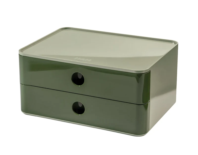 HAN Schubladenbox Allison SMART-BOX mit 2 Schubladen und Trennwand, Kabelführung, stapelbar, Utensilienbox für Büro, Schreibtisch Küche, möbelschonende Gummifüße, 1120-40, hochglänzed grün