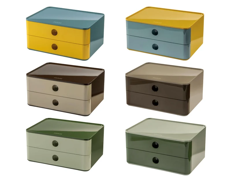 HAN Schubladenbox Allison SMART-BOX mit 2 Schubladen und Trennwand, Kabelführung, stapelbar, Utensilienbox für Büro, Schreibtisch Küche, möbelschonende Gummifüße, 1120-40, hochglänzed grün