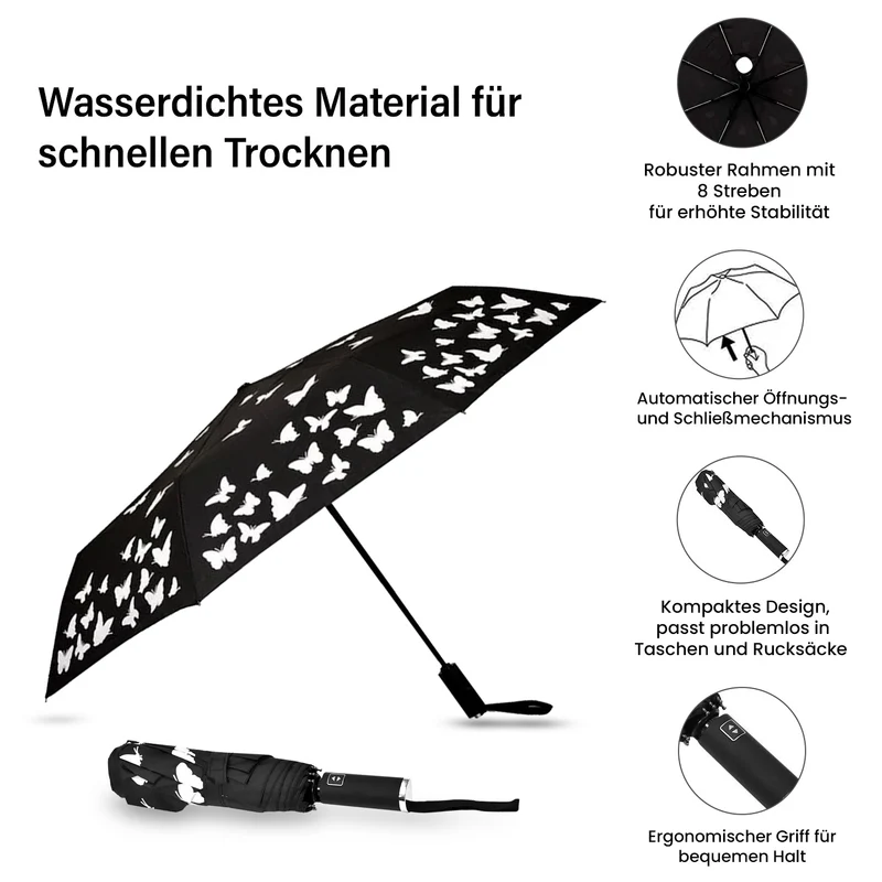 Farbwechsel-Schmetterlingsregenschirm - Farbverwandlung bei Nässe, Marineblau, Durchmesser 103 cm, Länge 25 cm,