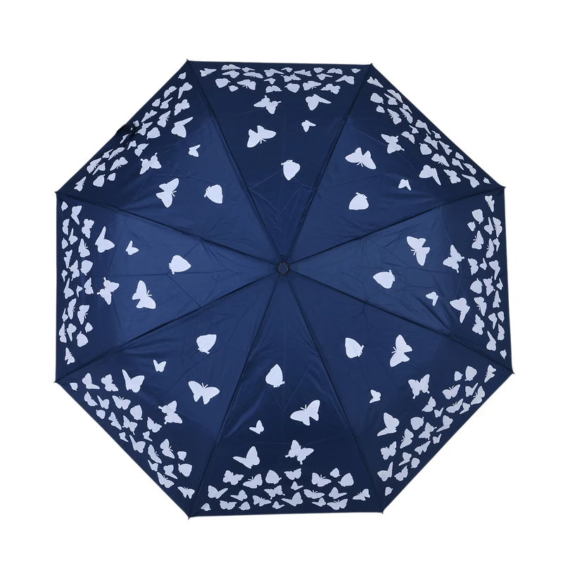 Farbwechsel-Schmetterlingsregenschirm - Farbverwandlung bei Nässe, Marineblau, Durchmesser 103 cm, Länge 25 cm,