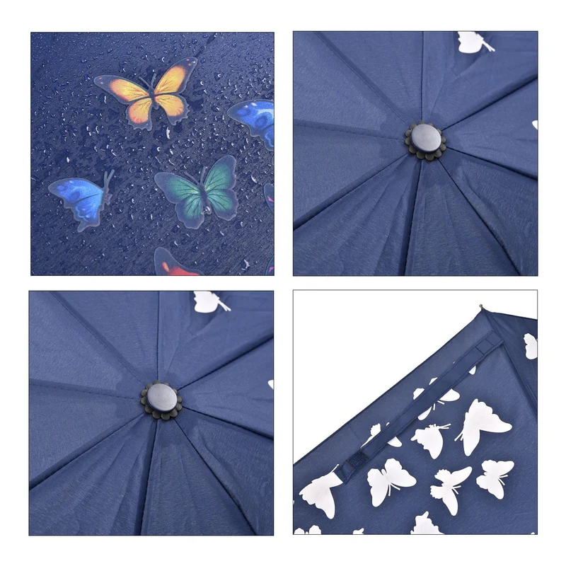 Farbwechsel-Schmetterlingsregenschirm - Farbverwandlung bei Nässe, Marineblau, Durchmesser 103 cm, Länge 25 cm,