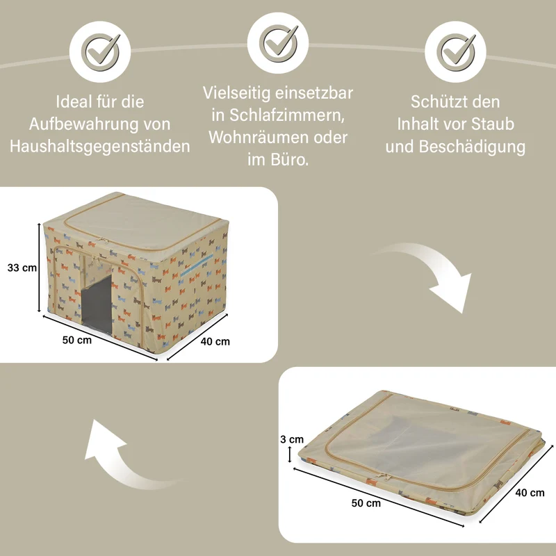 Faltbare Aufbewahrungsbox aus Stoff, 66 Liter offen, Größe 50x40x33cm gefaltet, Beige