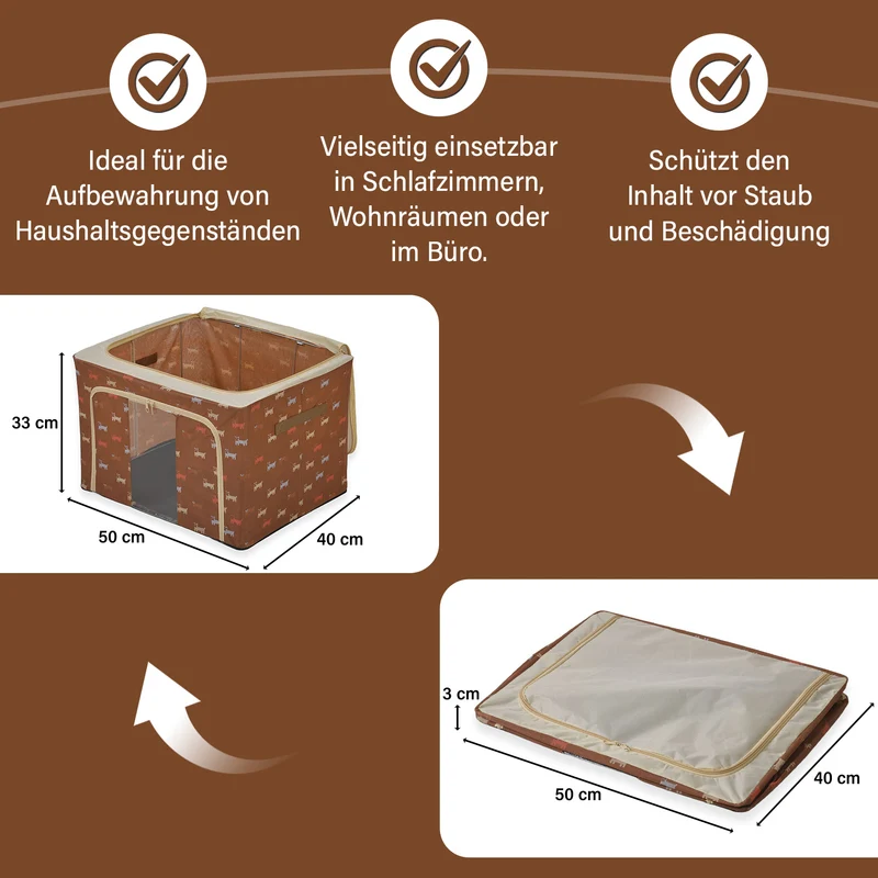 Faltbare Aufbewahrungsbox aus Stoff, 66 Liter offen, Größe 50x40x33cm gefaltet, Beige