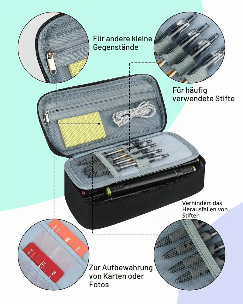Federmäppchen groß mit 5 Fächern, geräumiges Mäppchen Teenager, praktisches Federmäppchen Jungen und Federtasche Jungen, funktionales Etui Schule, Unisex Stifteetui in Schwarz