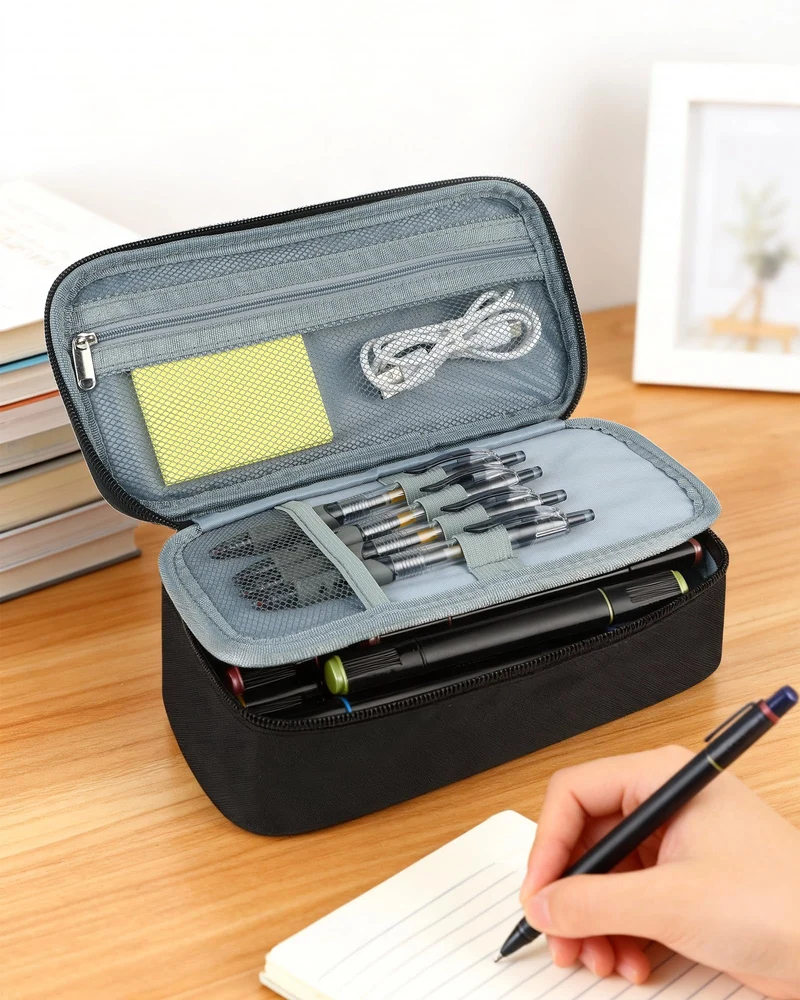 Federmäppchen groß mit 5 Fächern, geräumiges Mäppchen Teenager, praktisches Federmäppchen Jungen und Federtasche Jungen, funktionales Etui Schule, Unisex Stifteetui in Schwarz