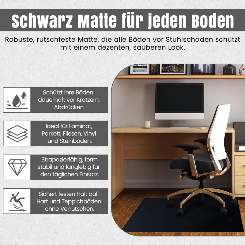 LP Projekt Bodenschutzmatte – rutschfeste und strapazierfähige Bürostuhlmatte für Hartböden und Teppich | Bodenschutzmatte für Zuhause & Büro (Schwarz, 74x120 cm)