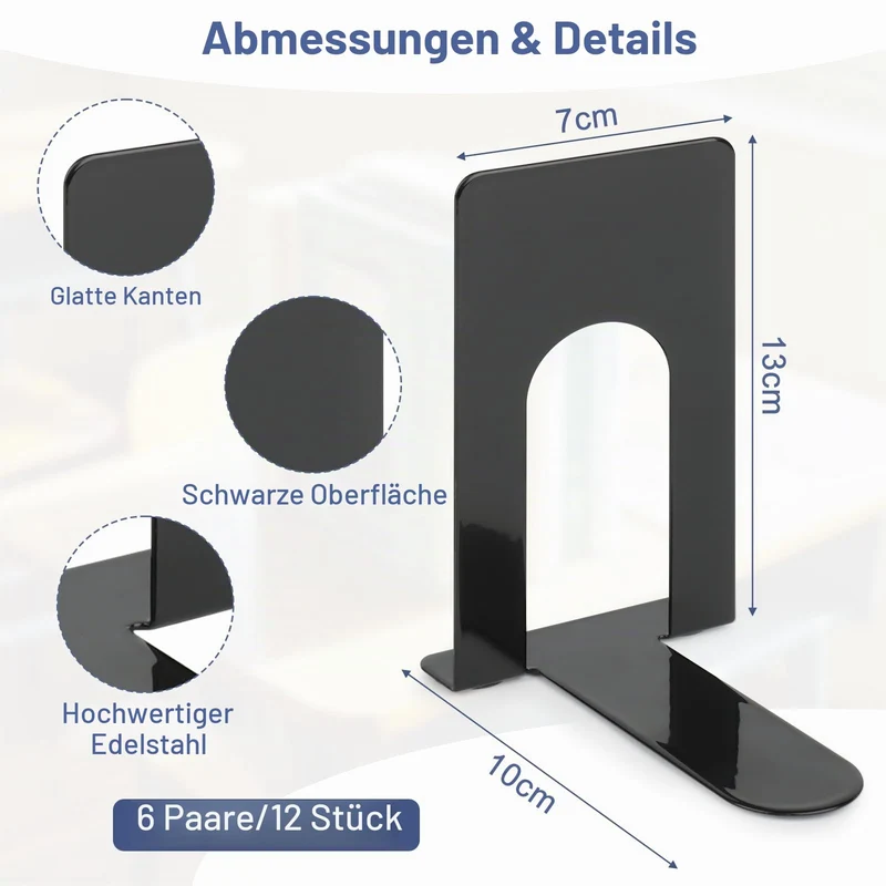 TOSAVGA 6 Paare Buchstütze, Buchstützen Metall, Buchstützen Schwarz, Hochwertiges Bücherstütze, Bücherhalter, Bookends, Book Holder für Bücher, DVDs, Magazine - 100 x 70 x 130mm