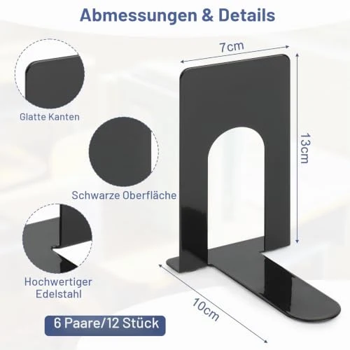 TOSAVGA 6 Paare Buchstütze, Buchstützen Metall, Buchstützen Schwarz, Hochwertiges Bücherstütze, Bücherhalter, Bookends, Book Holder für Bücher, DVDs, Magazine - 100 x 70 x 130mm