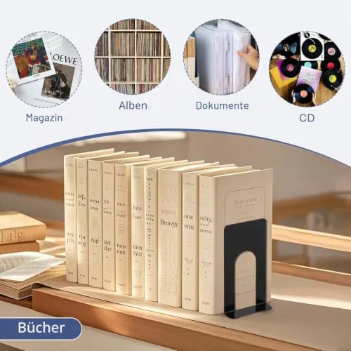 TOSAVGA 6 Paare Buchstütze, Buchstützen Metall, Buchstützen Schwarz, Hochwertiges Bücherstütze, Bücherhalter, Bookends, Book Holder für Bücher, DVDs, Magazine - 100 x 70 x 130mm