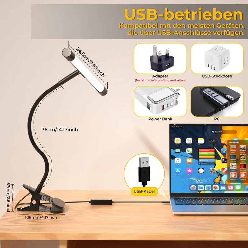 Lustaled Staffelei Lampe, Schreibtischlampe Klemmbar, 7W 36 LED Leselampe Bett, Notenpultleuchte, 3 Farben & 10 Helligkeiten, USB-C Klemmlampe für Malerei, Basteln, Zeichnung