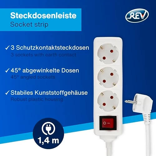 REV Steckdosenleiste - 3-Fach, beleuchteter Schalter, 1,4m, 3500W, weiß