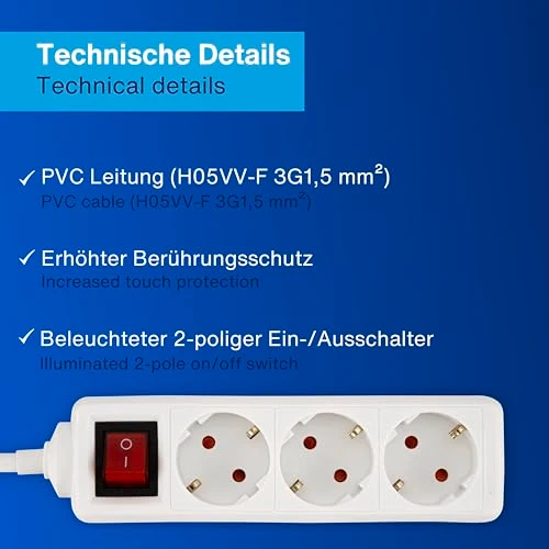 REV Steckdosenleiste - 3-Fach, beleuchteter Schalter, 1,4m, 3500W, weiß