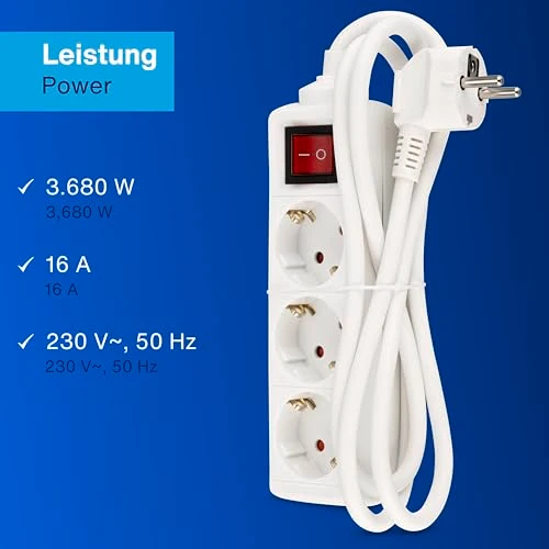 REV Steckdosenleiste - 3-Fach, beleuchteter Schalter, 1,4m, 3500W, weiß