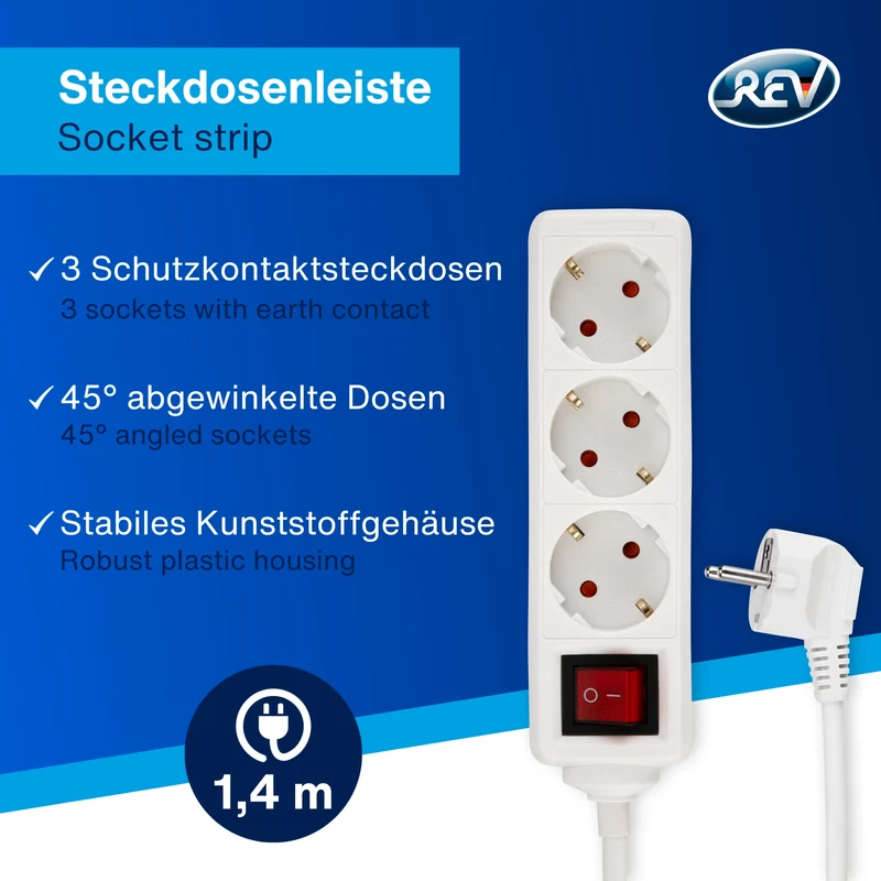 REV Steckdosenleiste - 3-Fach, beleuchteter Schalter, 1,4m, 3500W, weiß