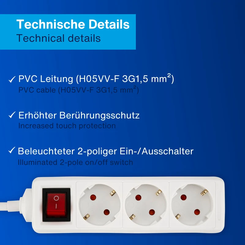 REV Steckdosenleiste - 3-Fach, beleuchteter Schalter, 1,4m, 3500W, weiß