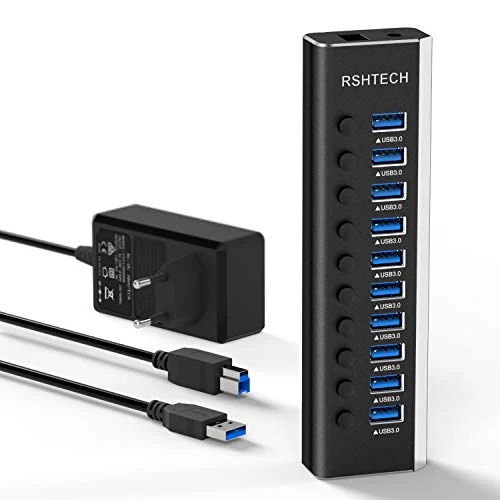 RSHTECH 10 Ports USB Hub Aktiv 3.0 mit Netzteil & Schaltertaste, RSH-A10