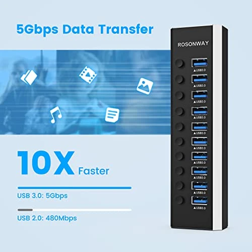 RSHTECH 10 Ports USB Hub Aktiv 3.0 mit Netzteil & Schaltertaste, RSH-A10