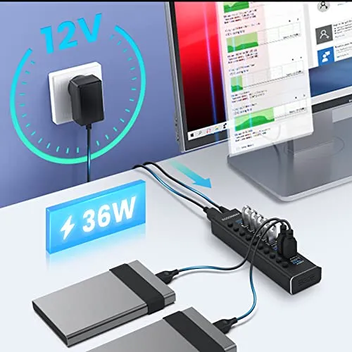 RSHTECH 10 Ports USB Hub Aktiv 3.0 mit Netzteil & Schaltertaste, RSH-A10
